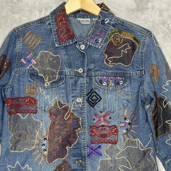 Chico's Jacket Womens 1 Medium Blue Denim Embroidered Applique Boho Mixed Media - Picture 2 of 10